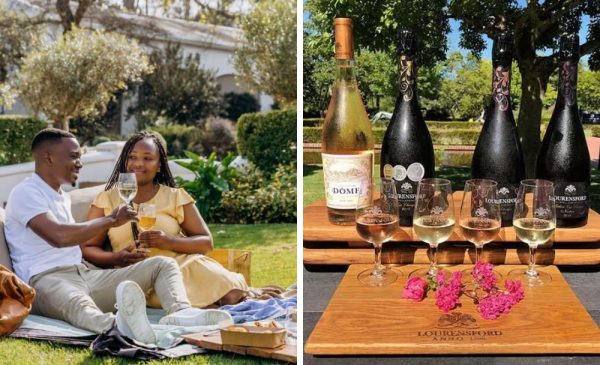 A collage of a couple having a picnic and bottles of wine available at Lourensford Estate in Somerset West
