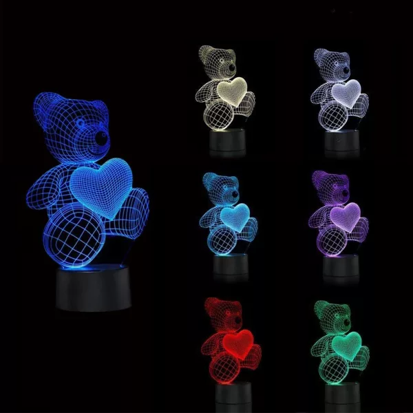 3D Acrylic Teddy Bear 7 Color Bedside Table Light- USB Powered_7