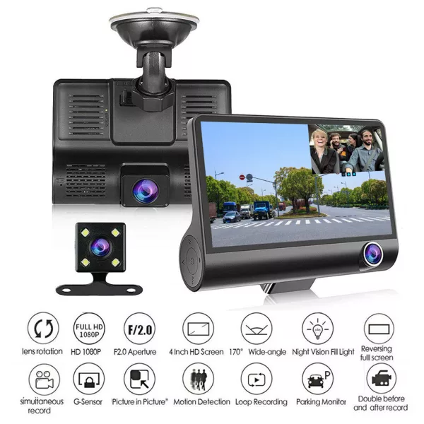 HD Front Rear & Interior Three Lens Car Dashboard Camera- Car Charger_4