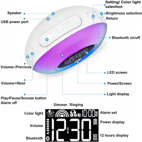 Wireless LED Night Lamp Alarm Clock and Bluetooth Speaker- USB Charging_7