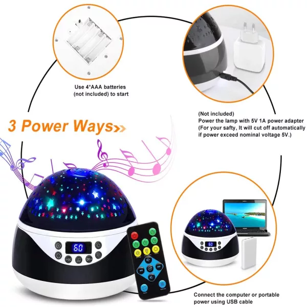 USB Plugged-in, Battery Powered Rotating Projector Night Light with Music_9